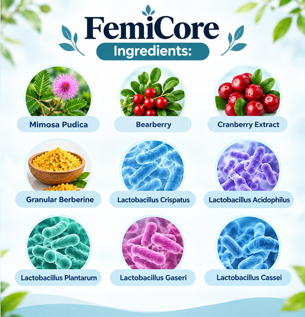 FemiCore ingredients – Mimosa Pudica, Bearberry, Cranberry Extract, Berberine, and 5 Lactobacillus probiotic strains